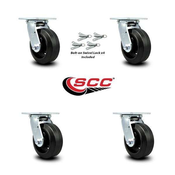 5 Inch Rubber On Steel Caster Set With Roller Bearing And Swivel Lock SCC